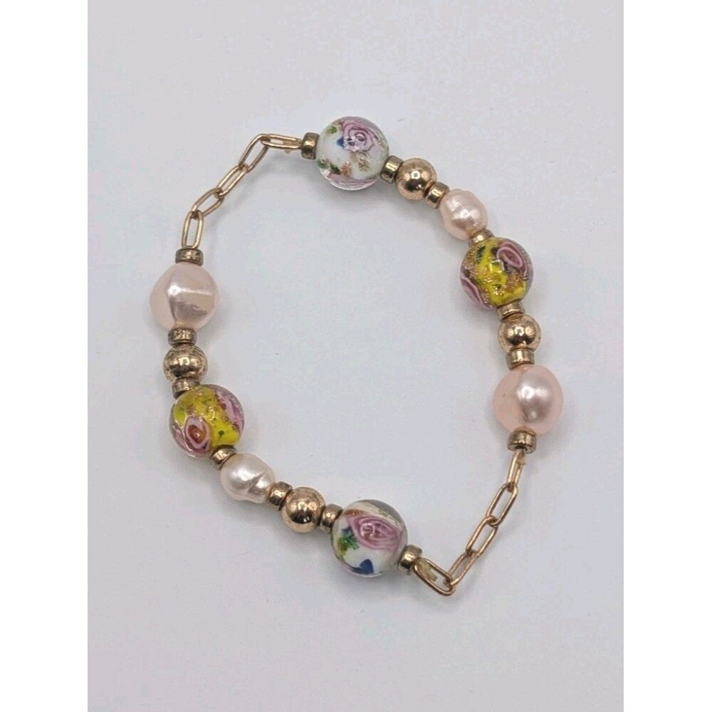 Vintage Murano Art Blown Glass Floral Pearl Beads Stretch Bracelet 6" Gold Tone
